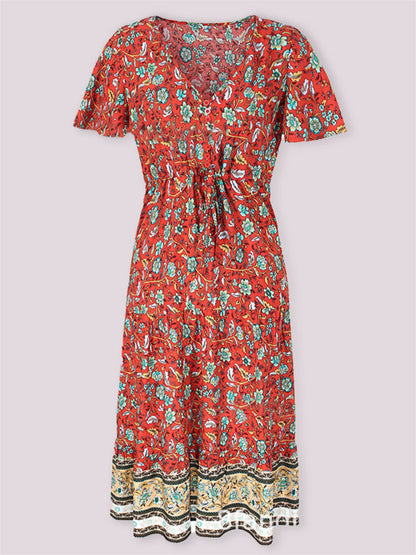 Floral Dresses- Casual Cotton Floral Short Sleeve Tie-Waist Midi Dress- - Pekosa Women Clothing