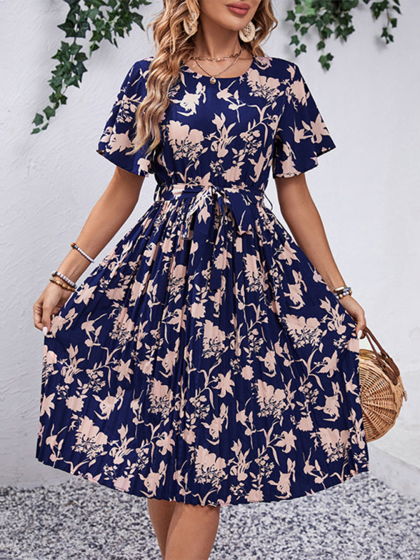 Floral Dresses- Floral Pleated Belt Tie Midi Dress in A-Line with Short Sleeves- - Pekosa Women Clothing