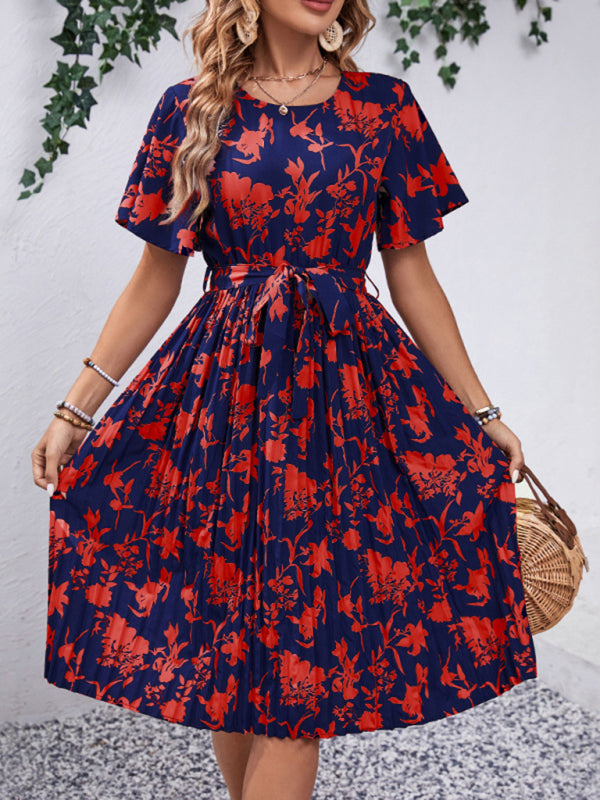 Floral Dresses- Floral Pleated Belt Tie Midi Dress in A-Line with Short Sleeves- - Pekosa Women Clothing