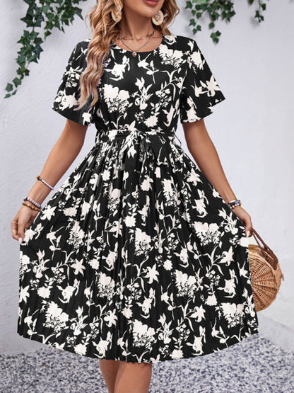 Floral Dresses- Floral Pleated Belt Tie Midi Dress in A-Line with Short Sleeves- - Pekosa Women Clothing