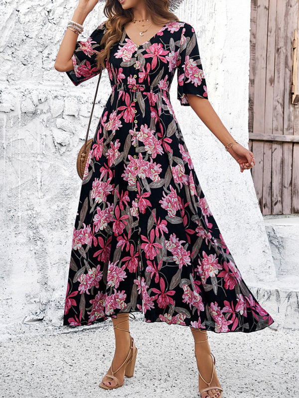 Floral Dresses- Nature's Floral Print V-Neck Midi Dress for Garden Affairs- - Chuzko Women Clothing