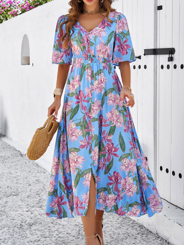 Floral Dresses- Nature's Floral Print V-Neck Midi Dress for Garden Affairs- - Chuzko Women Clothing