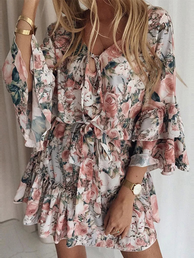 Dress- Floral Chiffon Blouson Tiered Ruffle Mini Dress- - Pekosa Women Clothing