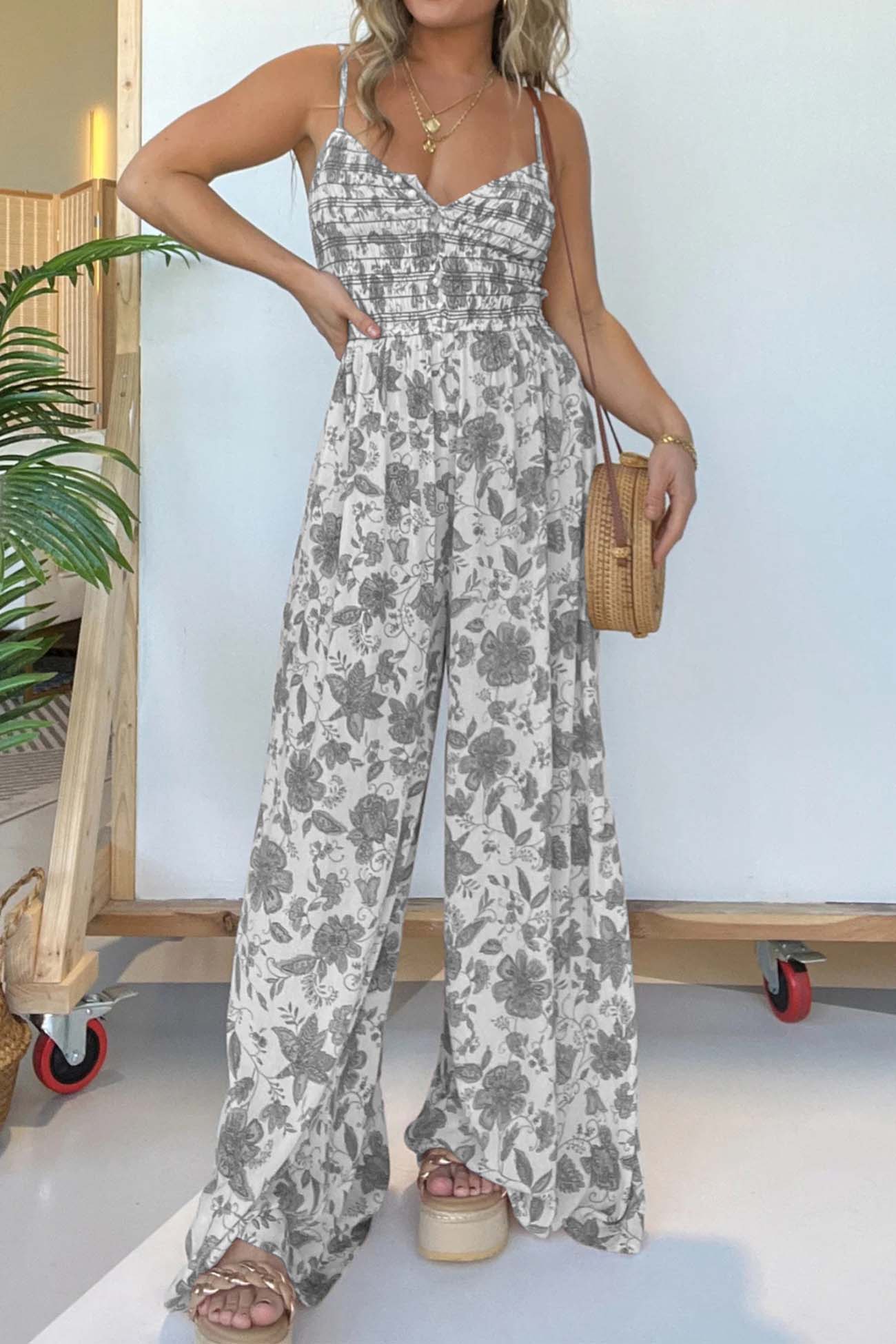 Liza® | Floraler ärmelloser Jumpsuit mit weitem Bein und V-Ausschnitt