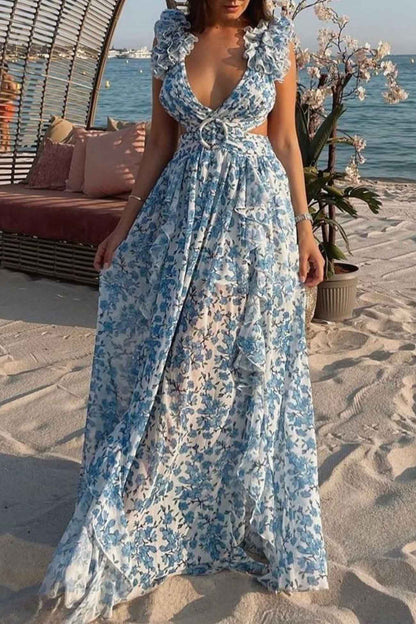 Maddie® | Florales Kleid mit gerafftem V-Ausschnitt und rückenfreiem Ausschnitt