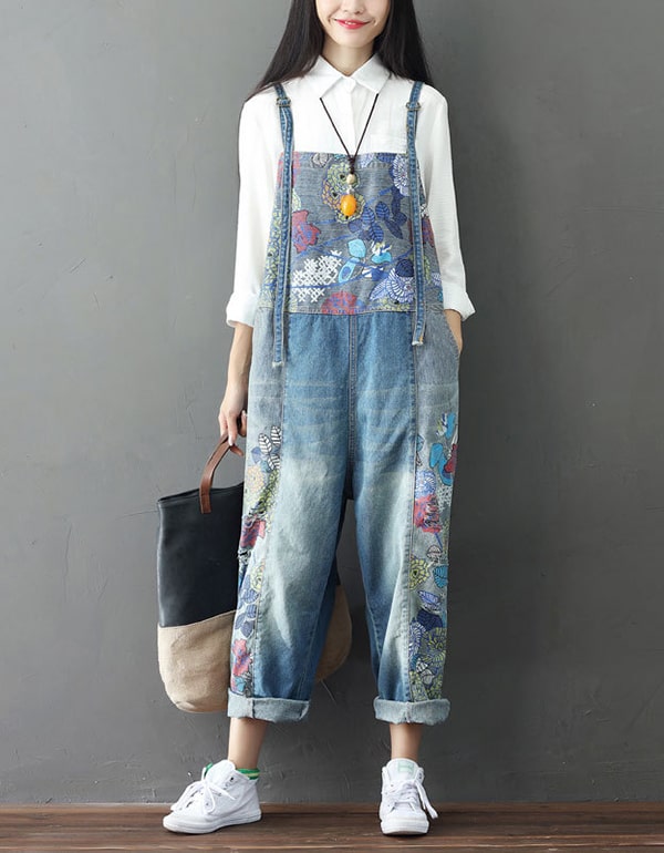 Flower Printed Denim Overalls Loose Retro Jumpsuit New arrivals Women's Clothing 54.00