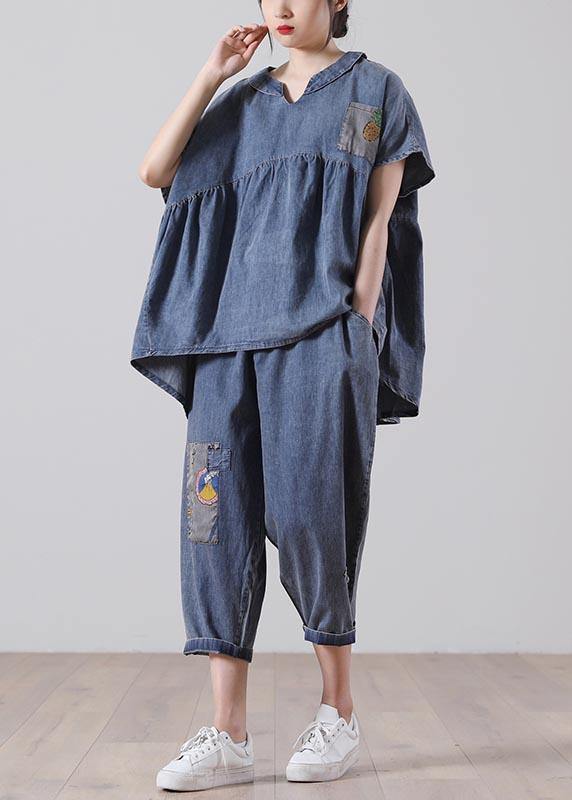 French Blue Half Sleeve Cotton Loose Summer Two Pieces Set - SooLinen