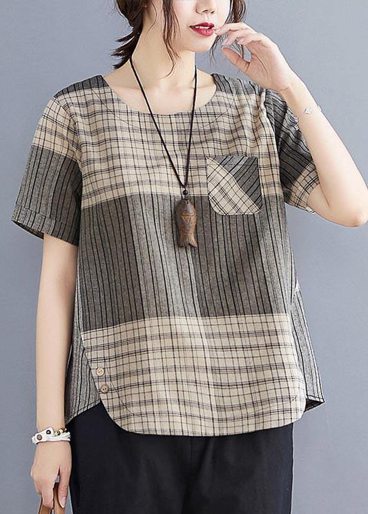 French Grey Plaid asymmetrical design Cotton Linen Blouse Top Summer - SooLinen