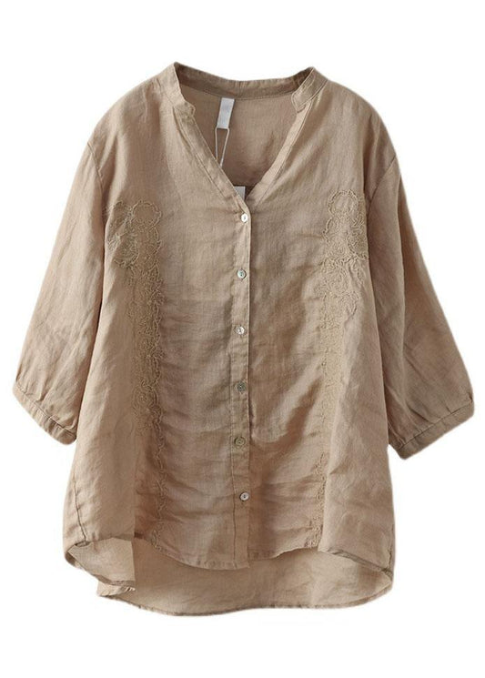 Letisha® | French Khaki Besticktes V-Ausschnitt Ramie Bluse Top Sommer