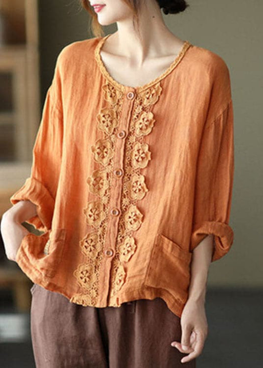 French Orange Embroideried Hollow Out Patchwork Fall Linen Top GK-LTP211015