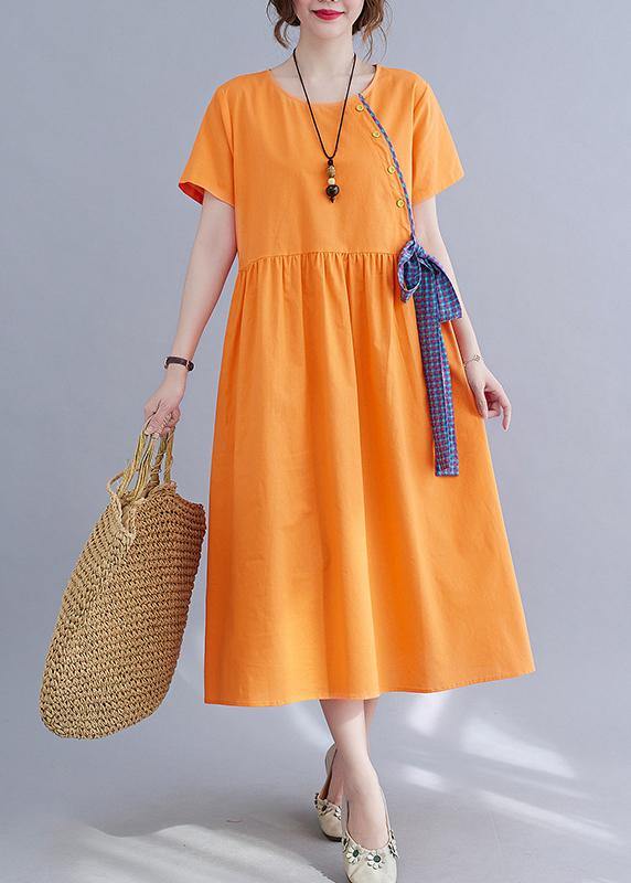 French Orange Patchwork Button Party Summer Cotton Linen Dress - SooLinen