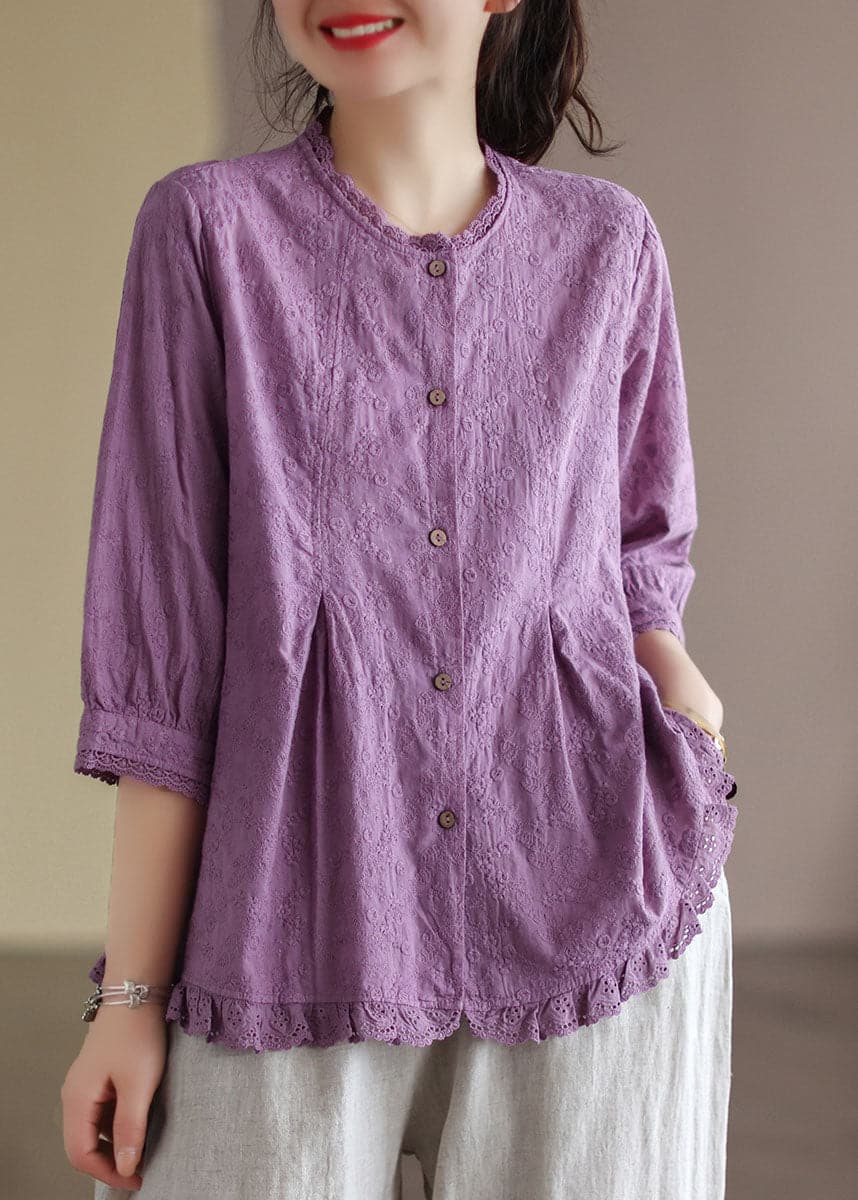 French Purple Embroideried Lace Patchwork Wrinkled Cotton Shirt Tops Bracelet Sleeve GK-HTP220815