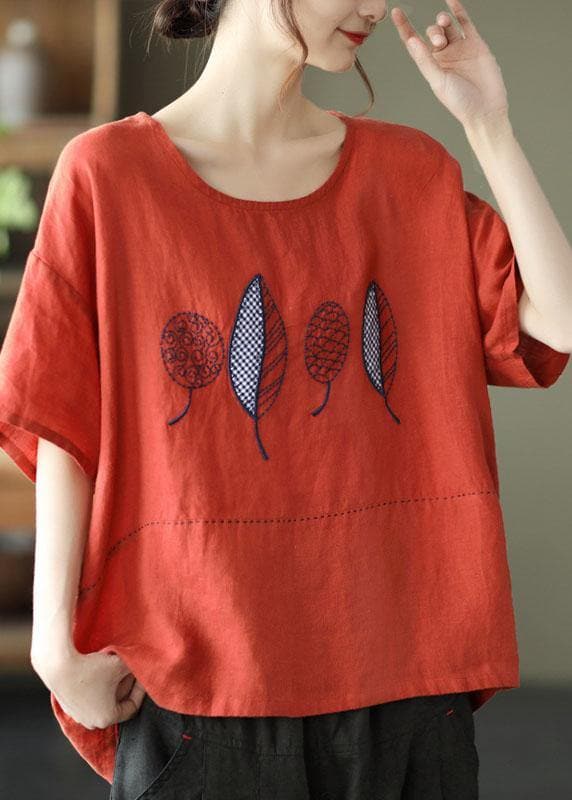 French Red Summer O-Neck Embroideried Linen Half Sleeve T Shirt GK-HTP210720