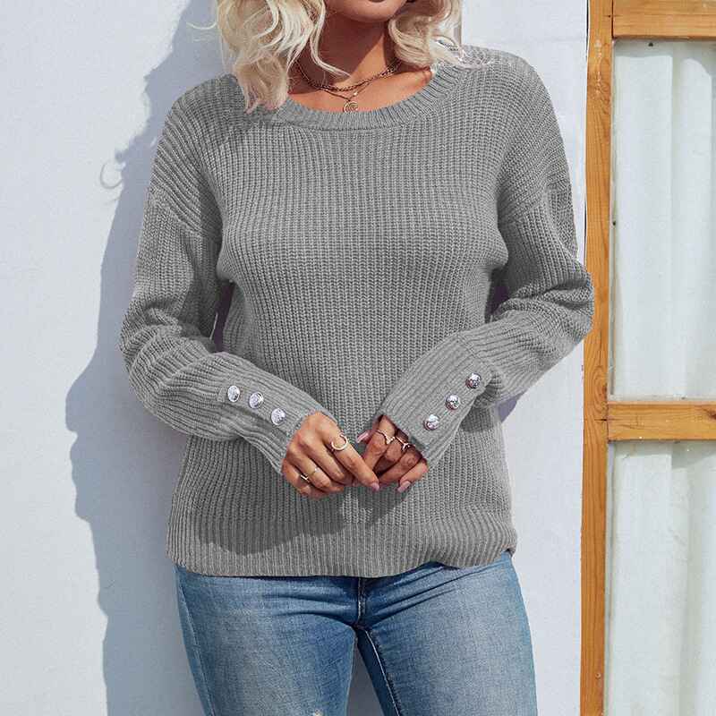 Gray-Womens-Lightweight-Long-Sleeve-Crewneck-Knitted-Pullover-Sweater-K271