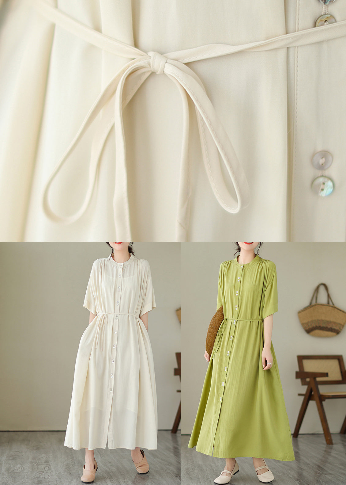 Ema® | Green O-Neck Button Maxi Dresses Summer GH1032