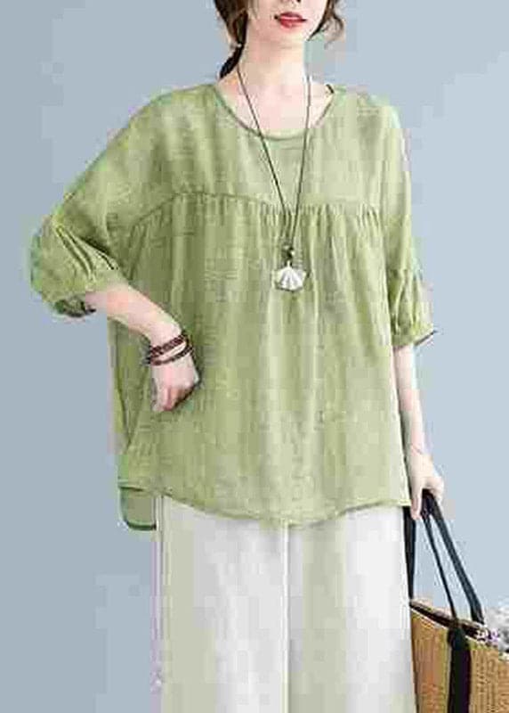 Green O-Neck Patchwork Wrinkled Top Half Sleeve GK-LTP220419