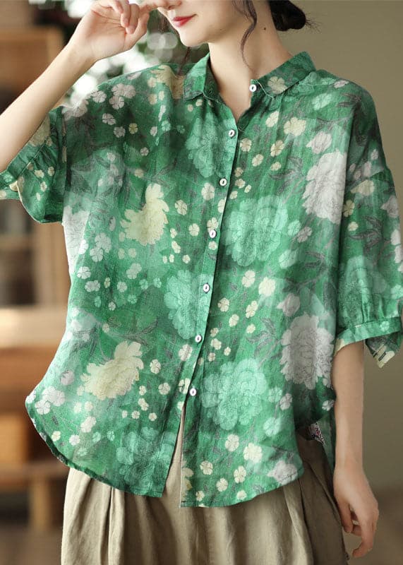 Green Patchwork Linen Shirt Top Button Print Half Sleeve GK-HTP220506