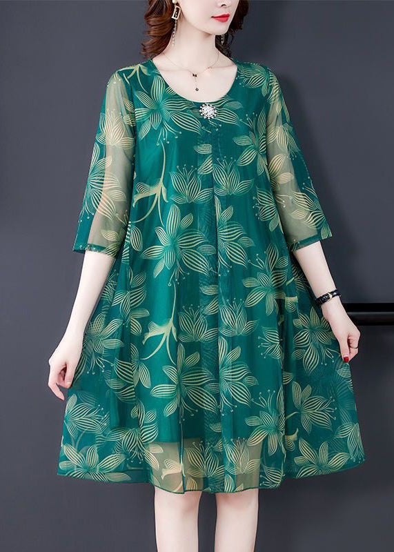 Green Print Tulle Dresses O Neck Half Sleeve OP1084 Ada Fashion