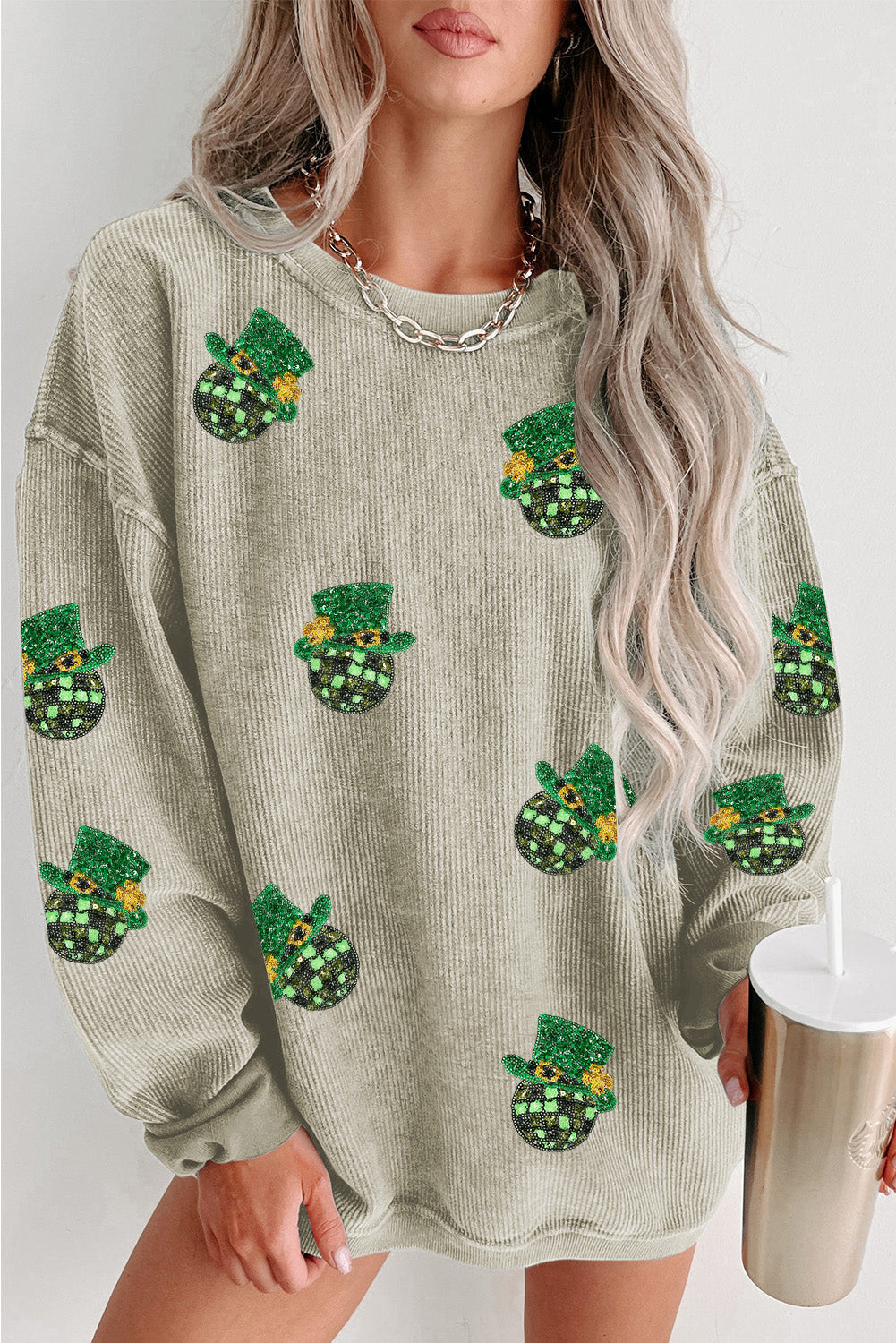 Green Sequin St Patrick Disco Ball Patch Corded Sweatshirt Ti Amo I love you