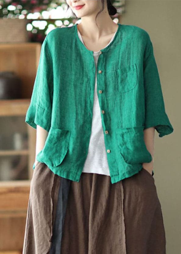 Green Solid Pockets Linen Cardigan O-Neck Button Half Sleeve GK-CDG220523