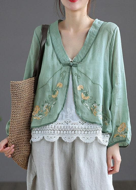 Green V Neck Embroideried Summer Ramie Cardigan Long Sleeve GK-LTP210721