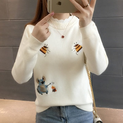 Little Bee Embroidery Loose Warm Sweater freeshipping - Tyche Ace