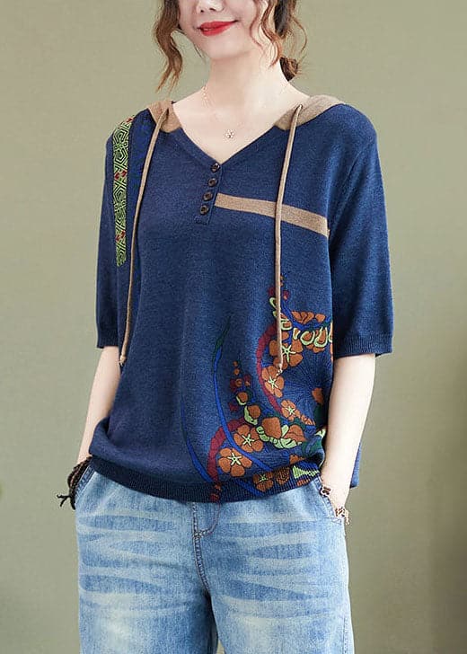 Handmade Blue Hooded Print Knit Top Half Sleeve GK-NTP220830