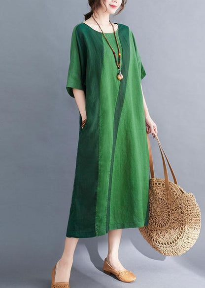 Nadine® | Handgefertigte Grüne O-Ausschnitt Patchwork Sommerurlaubskleider Halbe Ärmel