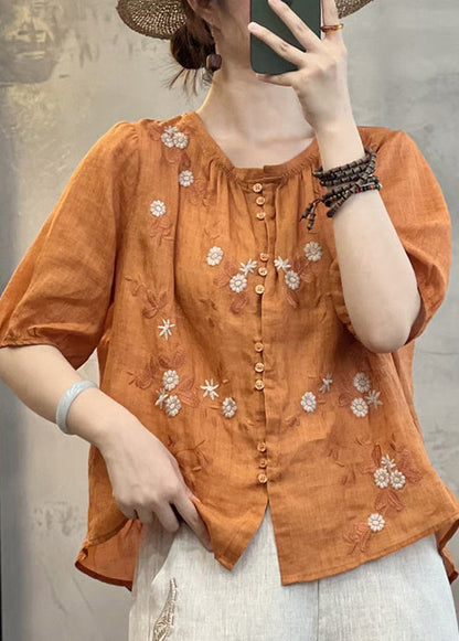 Handmade Orange Embroidered Button Linen Blouses Summer JH071 MMDM-STP240717