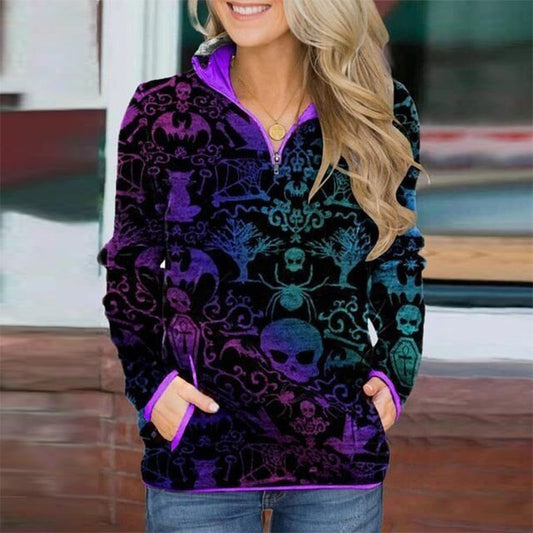 Casual Stand Collar Zip Long Sleeve Skull Print Sweatshirt Hoodie For Women