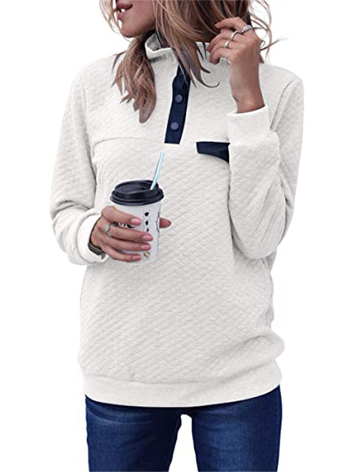 High-Neck Buttons Long Sleeve Solid Color Tops Shopvhs.com