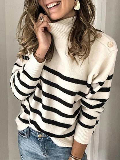 High Neck Pullover Strap Studded Striped Sweater Shopvhs.com