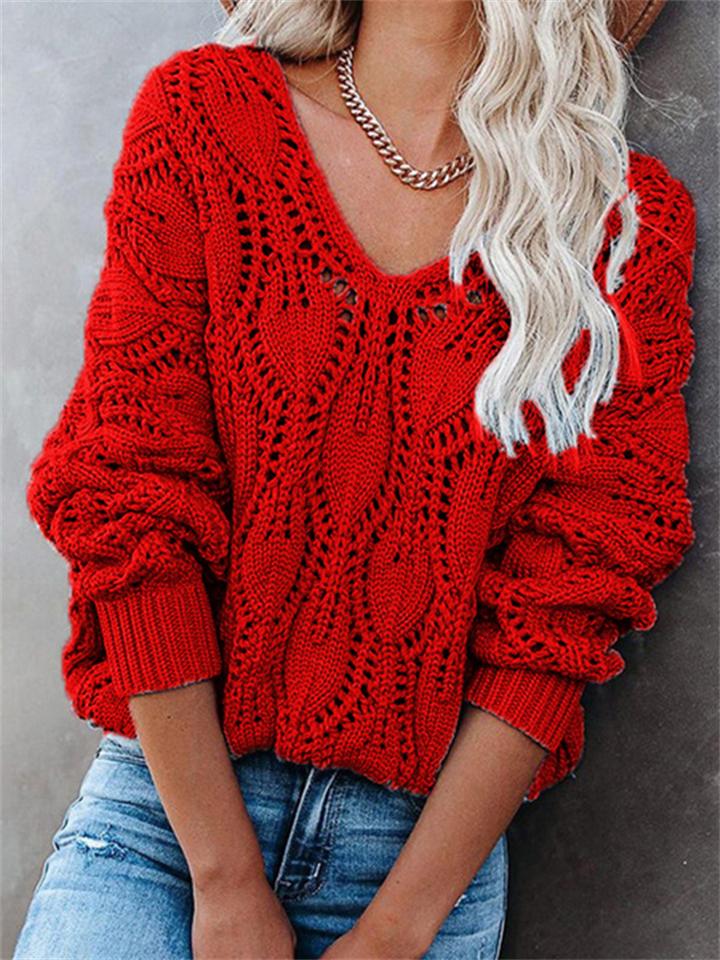 Hollow Design Casual Solid Color V-Neck Knitted Pullover Sweater Shopvhs.com