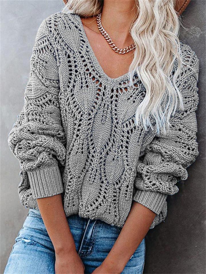 Hollow Design Casual Solid Color V-Neck Knitted Pullover Sweater Shopvhs.com