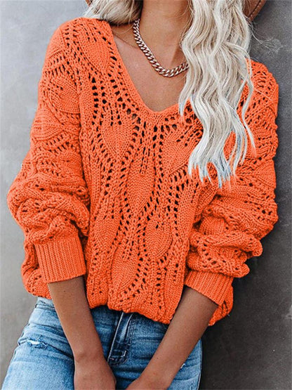 Hollow Design Casual Solid Color V-Neck Knitted Pullover Sweater Shopvhs.com