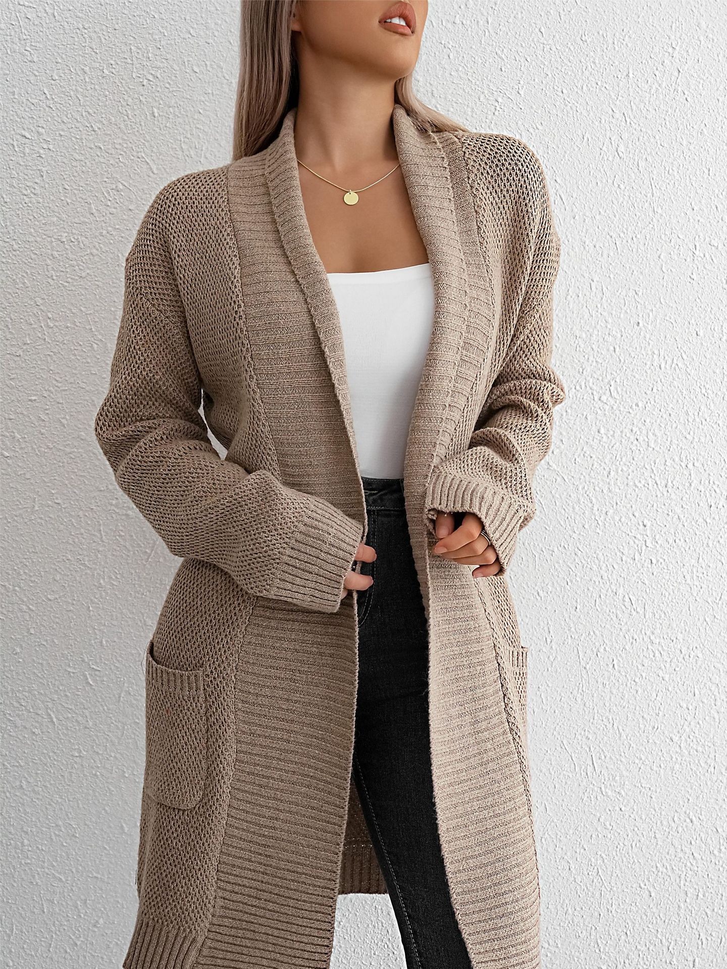 Women’s Solid Colour Mid-Thigh Knit Cardigan with Pockets