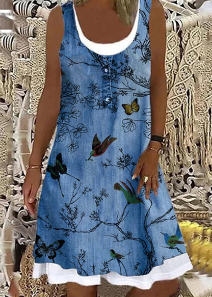 Ira® | Italian Bird Print Falsches Zweiteiliges Denim Mid Dress Ärmellos