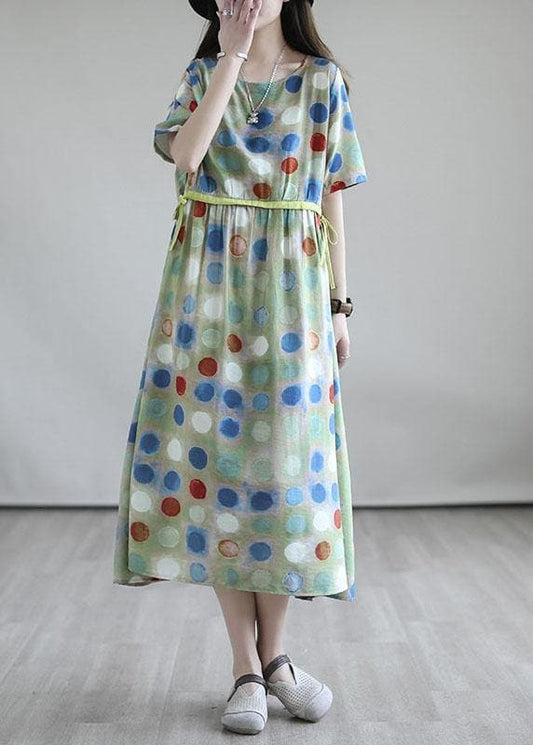 Italian Light Green Drawstring Patchwork Print Summer Cotton Vacation Dresses GK-SDL210721