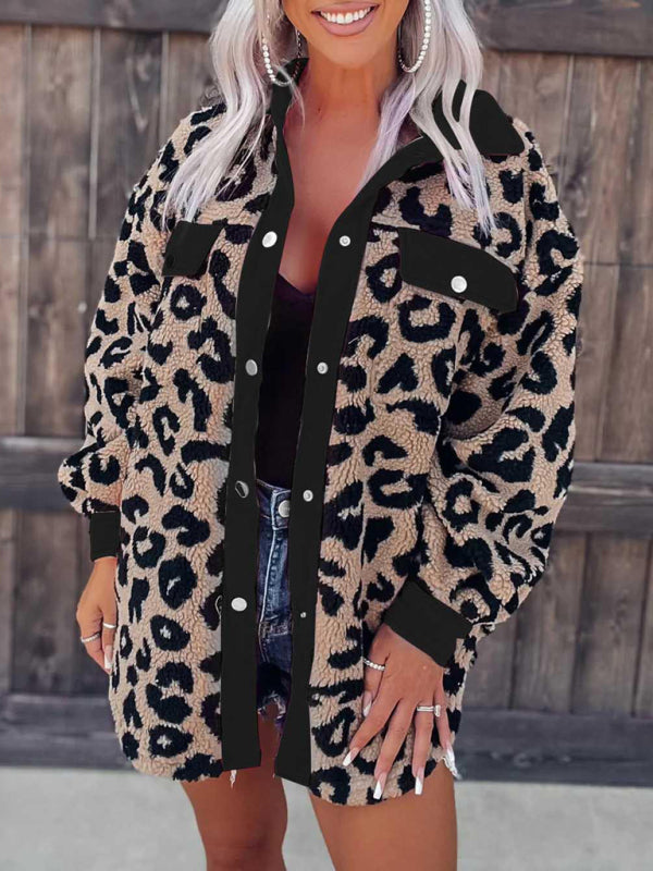 Jackets- Plush Contrast Animal Print Button Jacket- - IndioGear Fashion and Gear