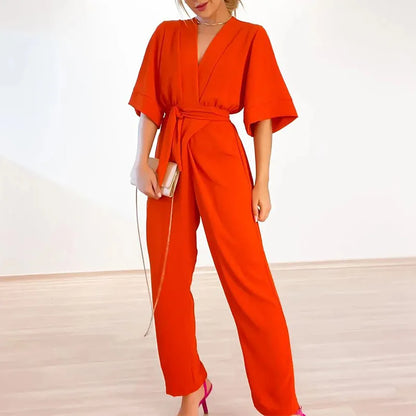 Analiza® | Einfacher Jumpsuit mit V-Ausschnitt und kurzen Ärmeln