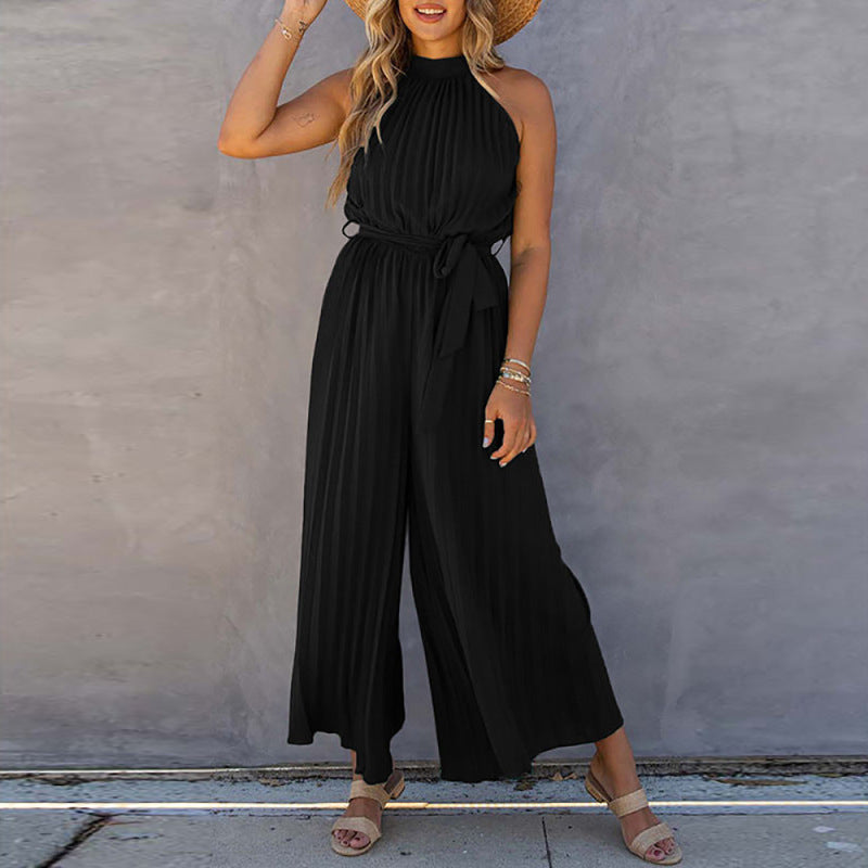 Jumpsuits- Halter High Neck Solid Pleated Belt-Tie Jumpsuit- - Pekosa Women Clothing