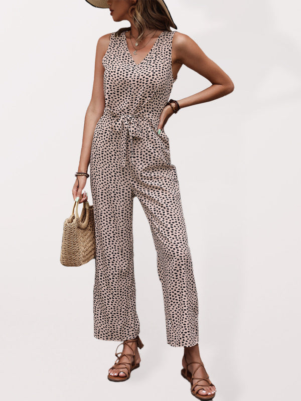 Jumpsuits- Leopard Print Tank Jumpsuit - Women's Belted Pantsuits- - Pekosa Women Clothing