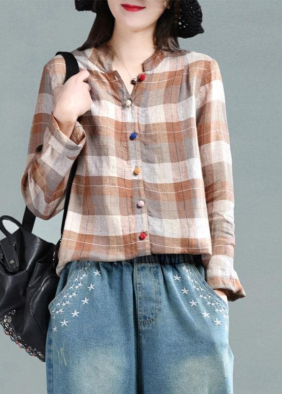 Khaki Plaid Patchwork Summer Linen Top Long Sleeve GK-LTP210720