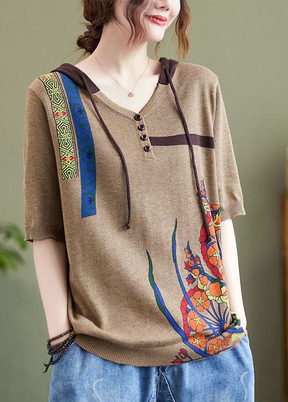 Khaki Print Knit Blouses V Neck Drawstring Half Sleeve GK-NTP220830