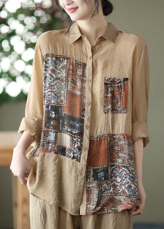 Khaki Print Linen Shirts Peter Pan Collar Button Long Sleeve GK-LTP220509