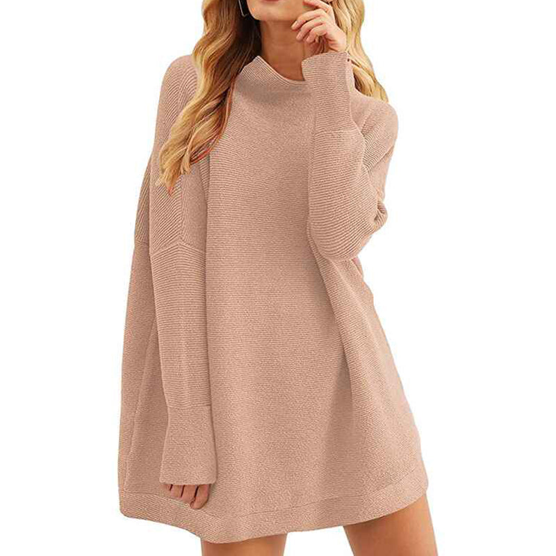 Pink-Women-Polo-Neck-Long-Slim-Fitted-Dress-Bodycon-Turtleneck-Cable-Knit-Sweater-K021