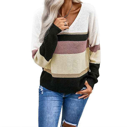 Green-Womens-Color-Block-Striped-V-Neck-Sweater-Long-Sleeve-Pullover-Knitted-Sweater-K198-Front