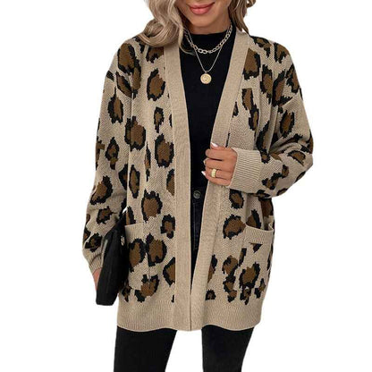 Army-Green-Womens-Open-Front-Leopard-Knit-Cardigan-Sweaters-Pockets-Long-Sleeve-Outwear-K272