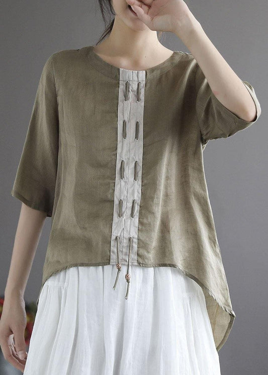 Khaki low high design Design Patchwork Summer Linen Shirt Tops GK-HTP210721