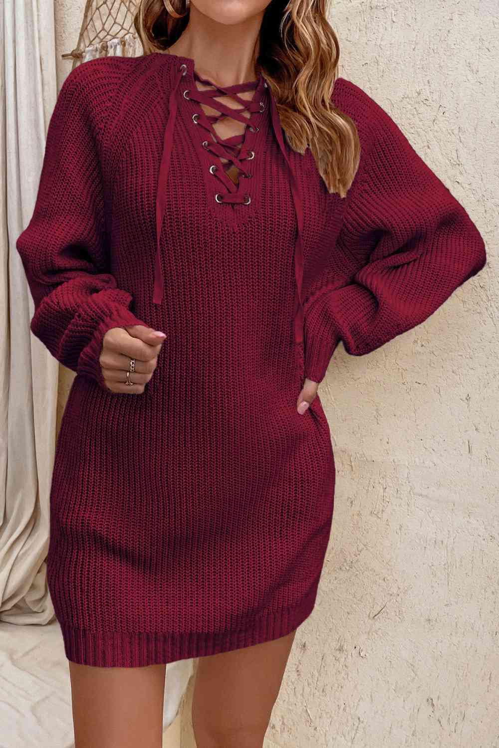 Lace-Up Mini Sweater Dress - Sweater Dresses - FITGGINS